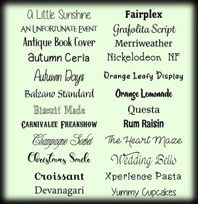 Miscellaneous fonts array. Click on image to view larger size in a new window.