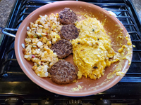 Breakfast in the great outdoors (Potatoes O'Brien, turkey sausage and scrambled eggs). Click on image to view larger size in a new window.