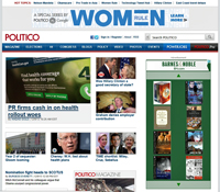 Thumbnail of Politico main page showing the Barnes & Noble flash-ad displaying four of my books (writing as Deidre Dalton). Click on image to view larger size in a new window.