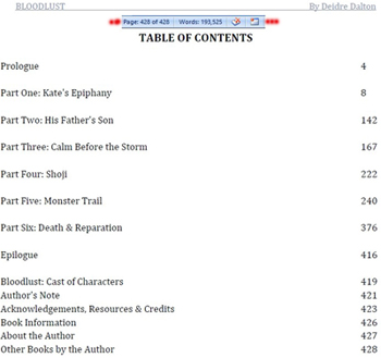 TOC for "Bloodlust" (by Deborah O'Toole writing as Deidre Dalton). Click on image to view larger size in a new window.