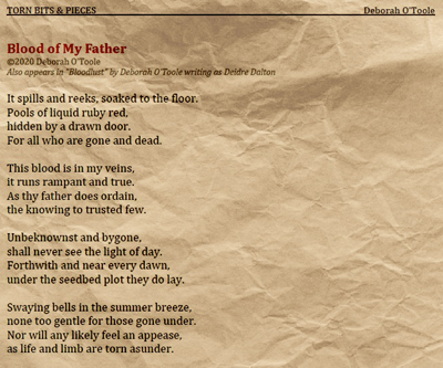 "Blood of My Father" poem from "Bloodlust" by Deborah O'Toole writing as Deidre Dalton. Click on image to view larger size in a new window.