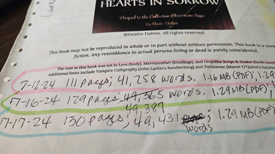 Word counts by hand for "Hearts in Sorrow." Click on image to view larger size in a new window.