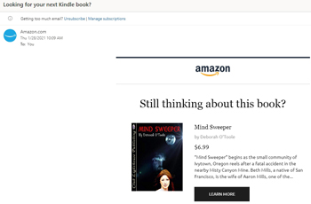 Promotional e-mail from Amazon about "Mind Sweeper." Click on image to view larger size in a new window.