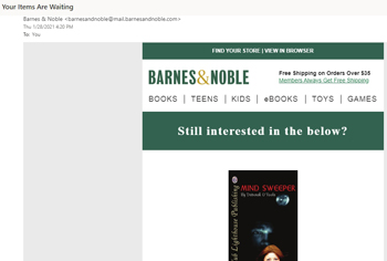 Promotional e-mail from Barnes & Noble about "Mind Sweeper." Click on image to view larger size in a new window.