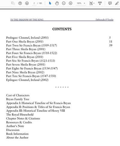 Current table of contents for "In the Shadow of the King." Click on image to view larger size in a new window.