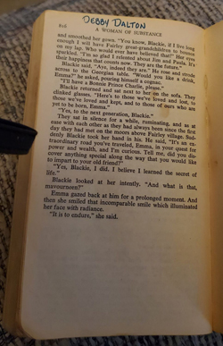 My first copy of "A Woman of Substance" by Barbara Taylor Bradford, with "Debby Dalton" scribed on the last page. Click on image to view larger size in a new window.